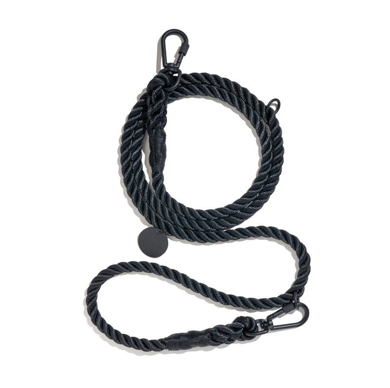 Cotton Rope & Leather Adjustable Dog Leash - Matte Black