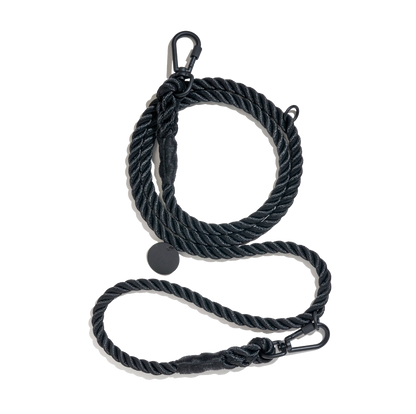 Cotton Rope &amp; Leather Adjustable Dog Leash - Matte Black